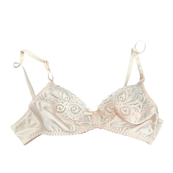 Unbranded Other - Vintage Style Pale Pink Satin Lace Bralette Adjustable Straps Floral Bow Accent